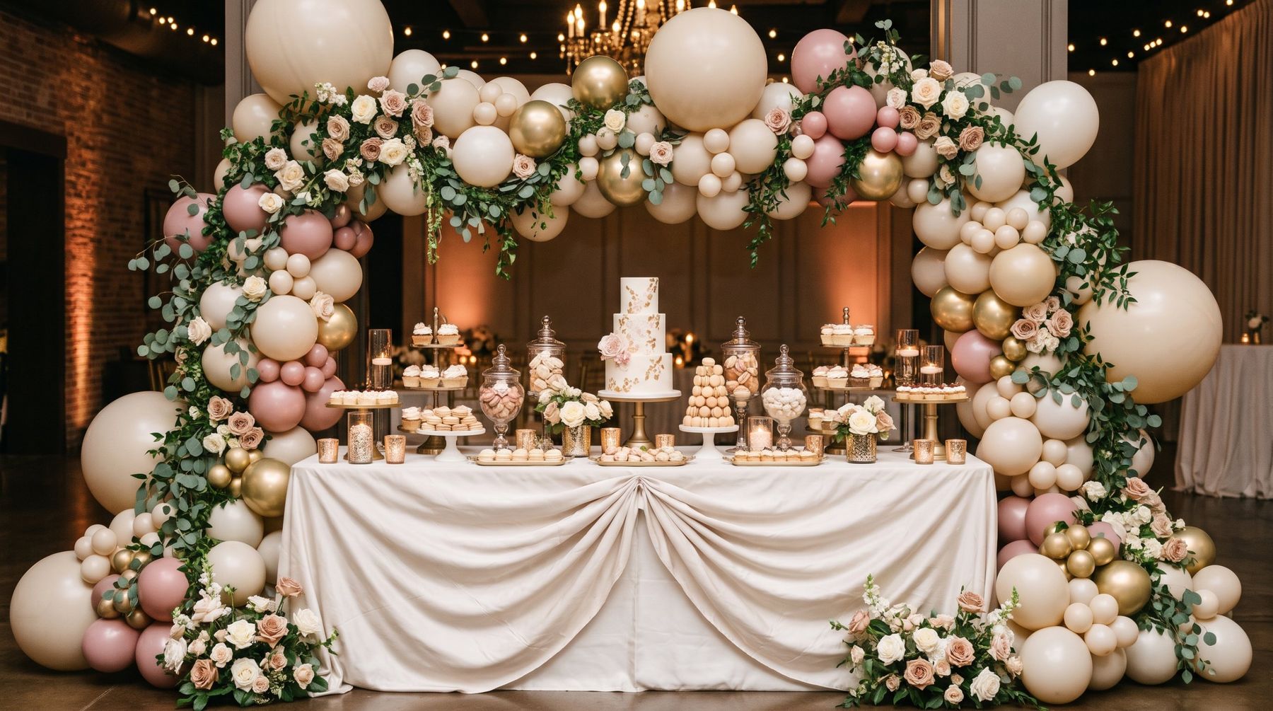 Organic balloon arch in cream, blush and gold with roses framing a dessert table and tiered cake
