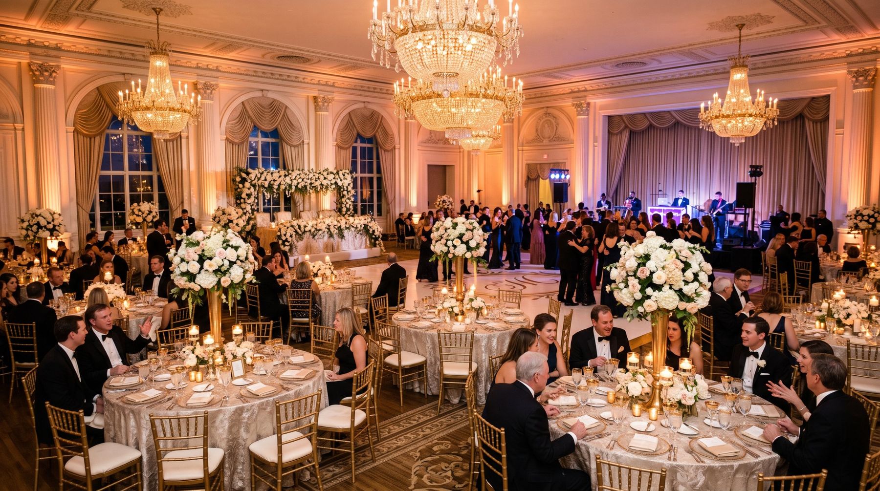 Guests dining and dancing in a grand ballroom with tall floral centerpieces and crystal chandeliers