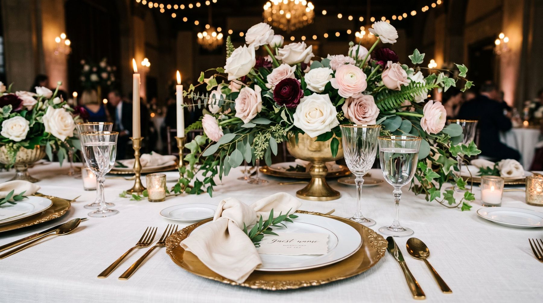 Place setting with a gold charger, knotted napkin, name card, crystal glassware and a rose centerpiece