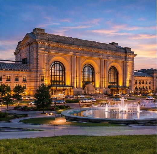 Union Station in Kansas City at dusk with its arched windows and fountain